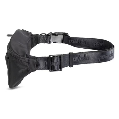 The Pawbella Dog Walking Bum Bag is a black waist bag with an adjustable strap featuring a repeating embossed logo, a buckle closure, and a front zippered compartment—perfect for travel in Australia.