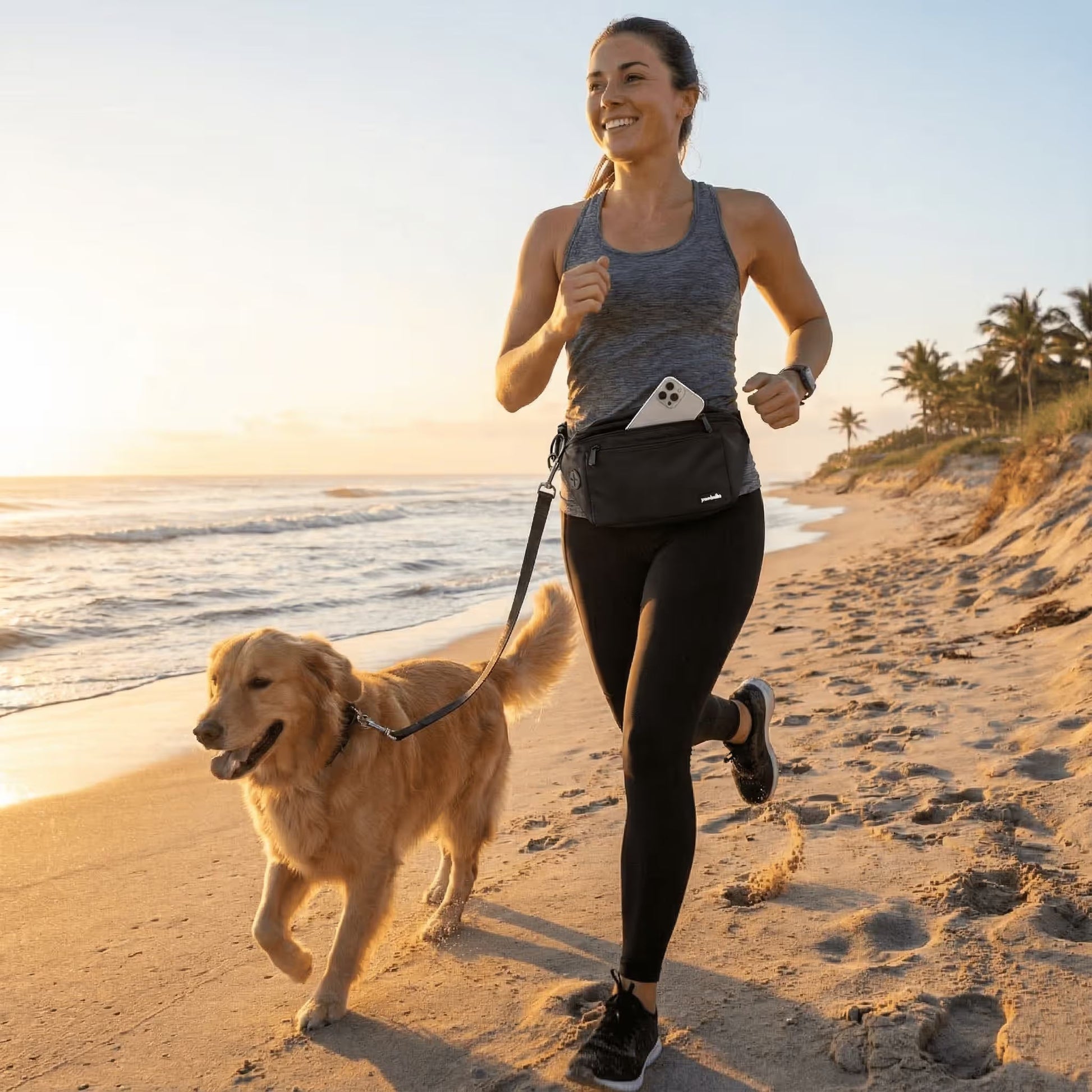 A woman jogs with her golden retriever at sunrise on an Australian beach, wearing athletic clothes and the Pawbella Dog Walking Bum Bag. Waves and palm trees dot the scenic background as she smiles, leash in hand.