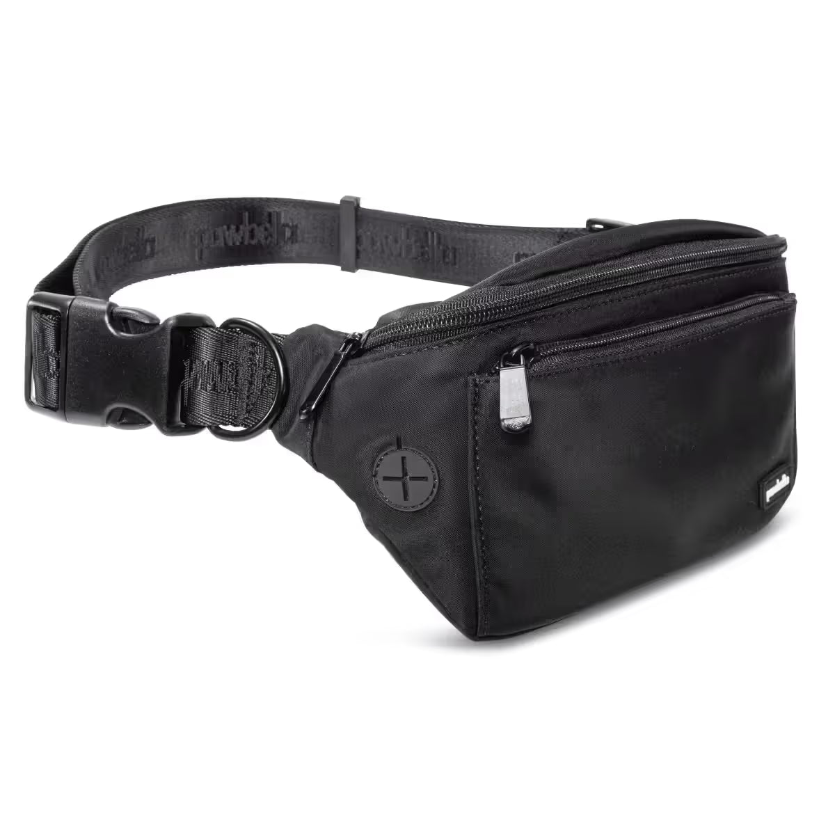 The Pawbella Dog Walking Bum Bag, shown on a white background, features a black design with a zippered main compartment, front pocket, adjustable strap, and plastic buckle—ideal for walks or travel in Australia.