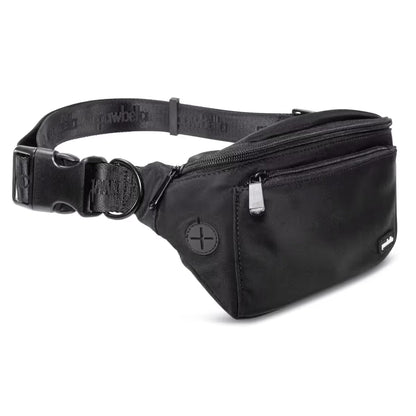 The Pawbella Dog Walking Bum Bag, shown on a white background, features a black design with a zippered main compartment, front pocket, adjustable strap, and plastic buckle—ideal for walks or travel in Australia.