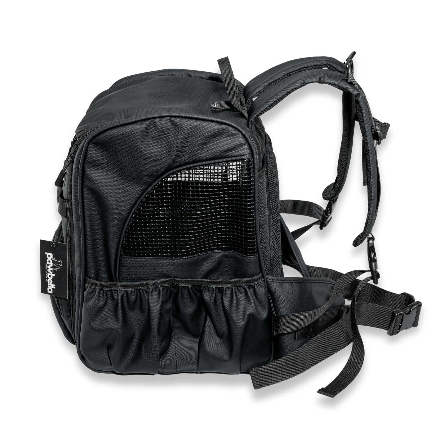 Ergonomic padded shoulder straps and back support on black pet hiking carrier