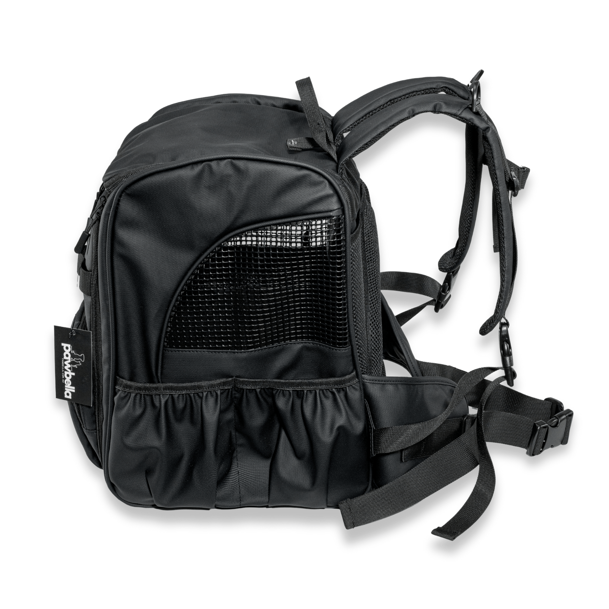 Ergonomic padded shoulder straps and back support on black pet hiking carrier