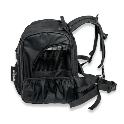 Ergonomic padded shoulder straps and back support on black pet hiking carrier