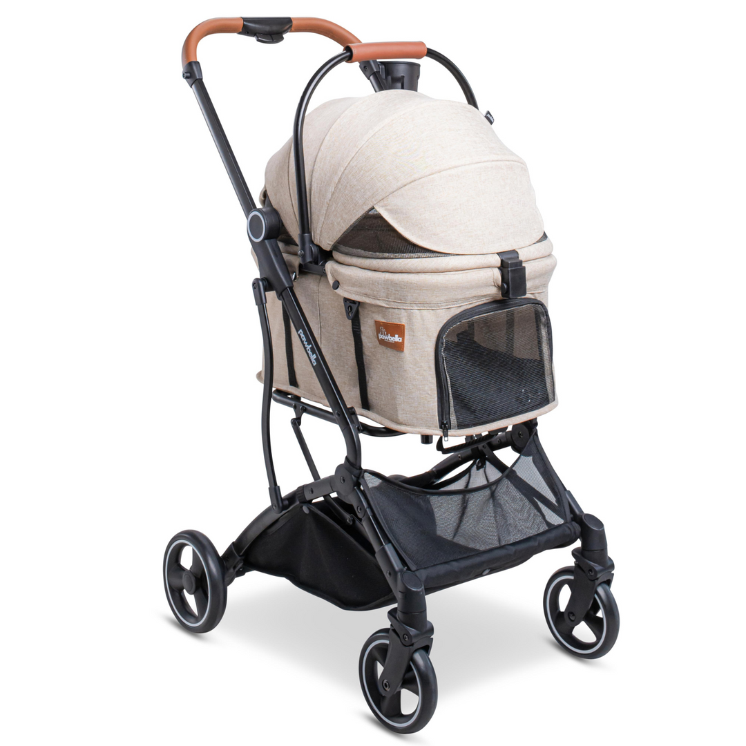 Front angle of beige Pawbella Essential Pet Stroller with breathable mesh cover, storage basket, and ergonomic handle.