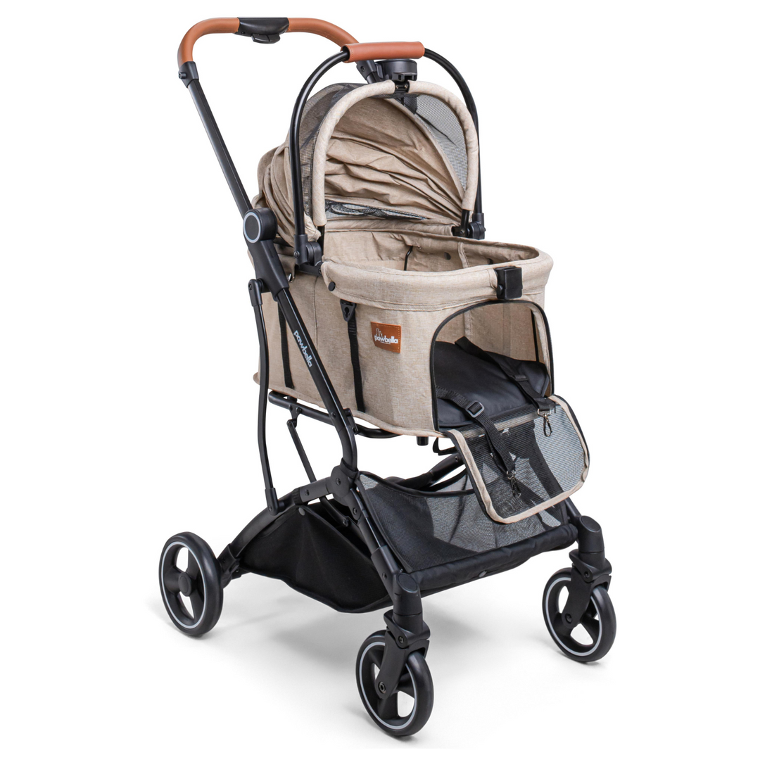 Open front view of beige Pawbella Essential Pet Stroller showing spacious interior, mesh front cover, and sturdy frame.