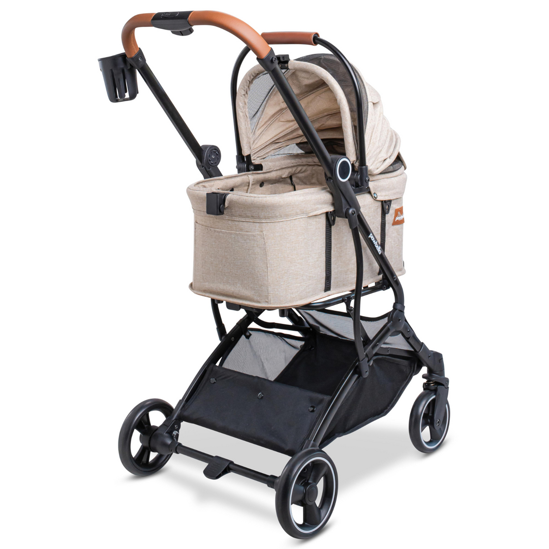 Rear angle of beige Pawbella Essential Pet Stroller with adjustable handle, cup holder, mesh storage basket, and sturdy wheels.