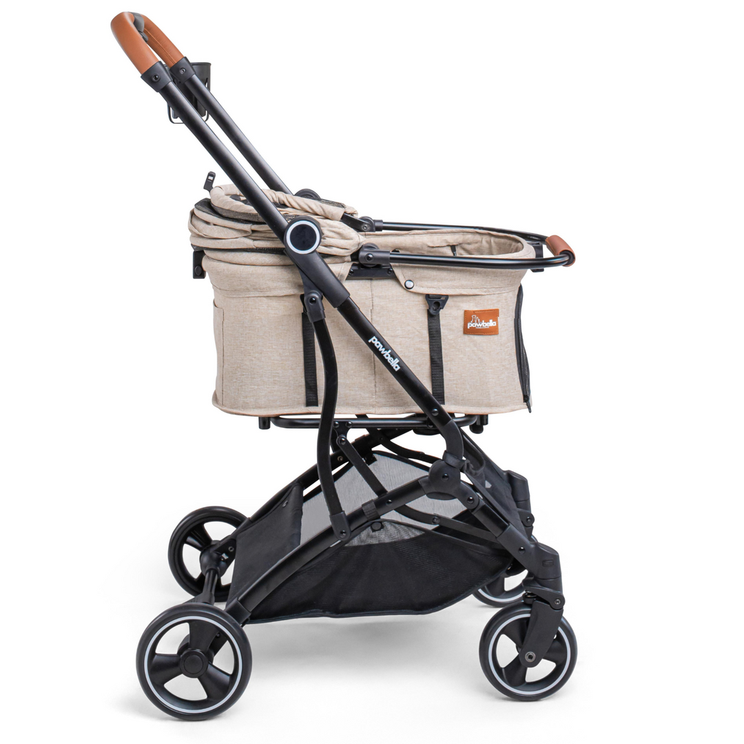 Side profile of beige Pawbella Essential Pet Stroller with adjustable handle, spacious pet compartment, and durable wheels.