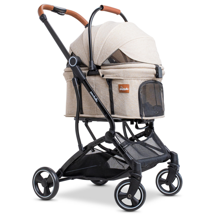 Side view of beige Pawbella Essential Pet Stroller with mesh window, adjustable handle, and sturdy wheels.