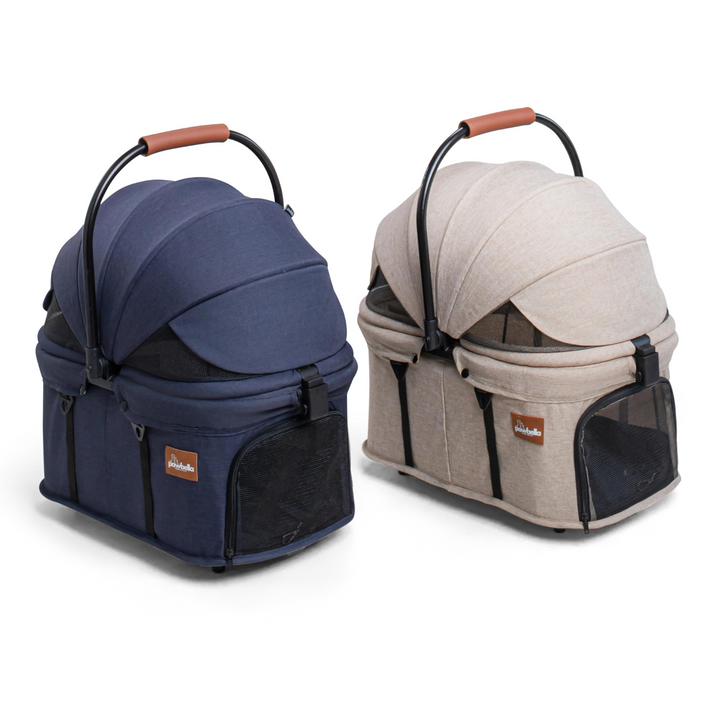 Navy blue and beige Pawbella Essential Pet Stroller capsule carriers with mesh windows, adjustable canopies, and carrying handles.