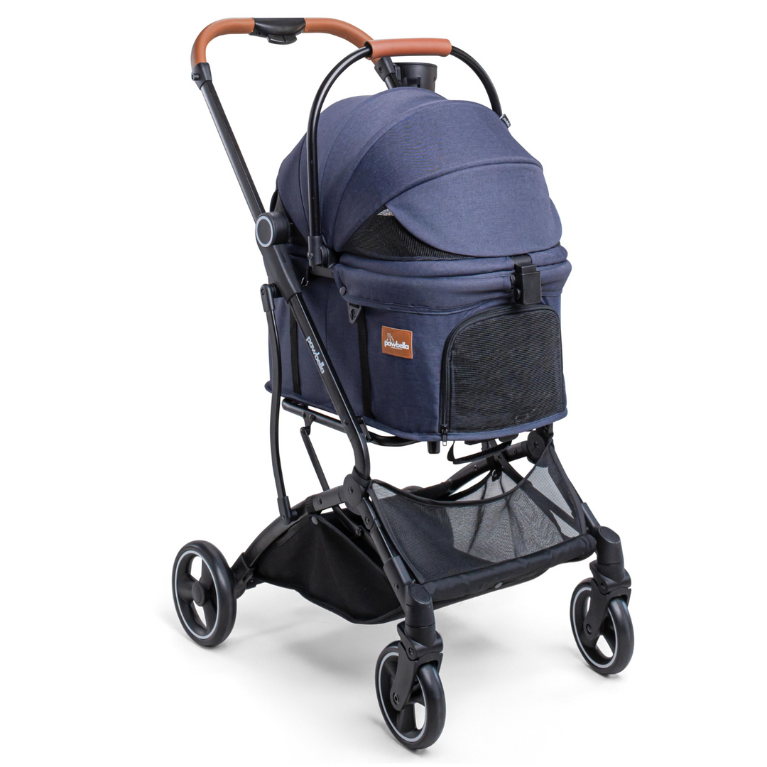 Front angle of navy blue Pawbella Essential Pet Stroller with breathable mesh cover, storage basket, and ergonomic handle.