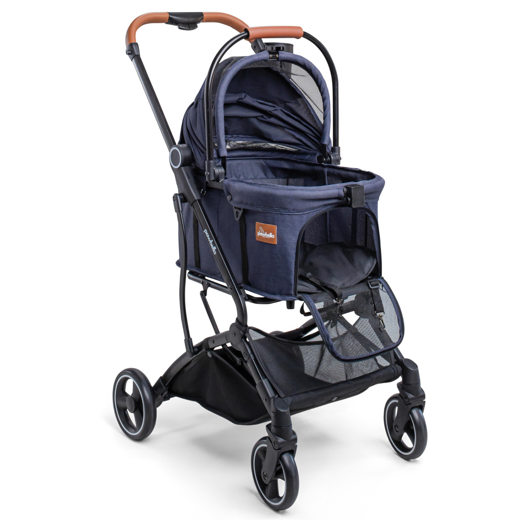 Open front view of navy blue Pawbella Essential Pet Stroller showing spacious interior, mesh front cover, and sturdy frame.