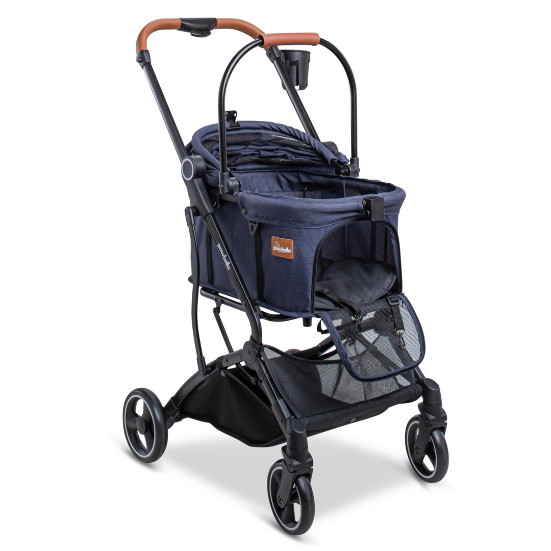 Open top angle of navy blue Pawbella Essential Pet Stroller featuring spacious interior, mesh ventilation, and ergonomic handle with cup holder.