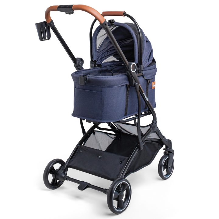 Rear angle of navy blue Pawbella Essential Pet Stroller with adjustable handle, cup holder, mesh storage basket, and sturdy wheels.