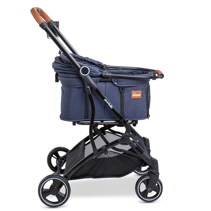 Side profile of navy blue Pawbella Essential Pet Stroller with adjustable handle, spacious pet compartment, and durable wheels.