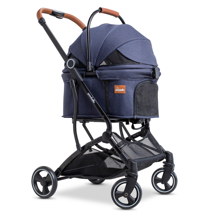 Navy blue Pawbella Essential Pet Stroller side view with mesh window, adjustable handle, and sturdy wheels.