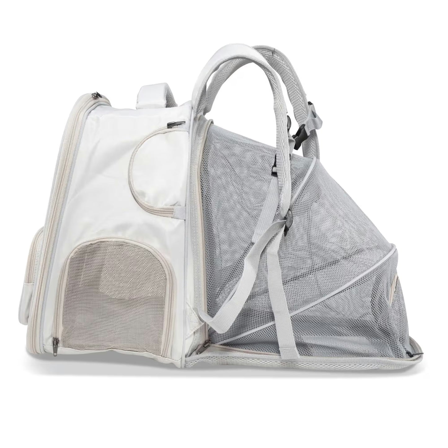 The Pawbella Expandable Lightweight Pet Backpack is a white and light gray carrier with mesh sides and door, adjustable straps, ventilation panels, side pocket, and is ideal for pet travel in Australia.