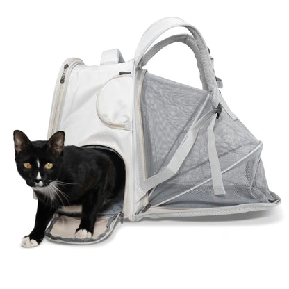 A black and white cat steps out of the Pawbella Expandable Lightweight Pet Backpack, featuring mesh sides and a zippered opening, shown against a white background. Ideal for travel adventures in Australia.