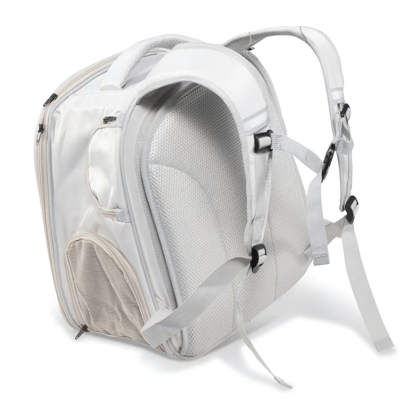 The Pawbella Expandable Lightweight Pet Backpack in light gray features padded shoulder straps, a mesh side pocket, and a zippered main compartment—shown from the back and side, it's ideal for Australian adventures with your pet.