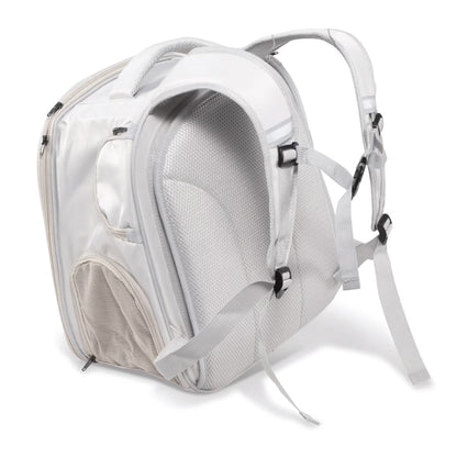 The Pawbella Expandable Lightweight Pet Backpack in light gray features padded shoulder straps, a mesh side pocket, and a zippered main compartment—shown from the back and side, it's ideal for Australian adventures with your pet.