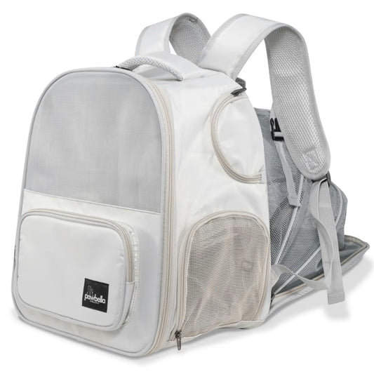 The Pawbella Expandable Lightweight Pet Backpack is white and gray with mesh sides, padded straps, a front pocket, and a "Pawbella" label. Its zippered front and mesh panels offer ventilation—ideal for travel in Australia.
