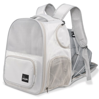 The Pawbella Expandable Lightweight Pet Backpack is white and gray with mesh sides, padded straps, a front pocket, and a "Pawbella" label. Its zippered front and mesh panels offer ventilation—ideal for travel in Australia.