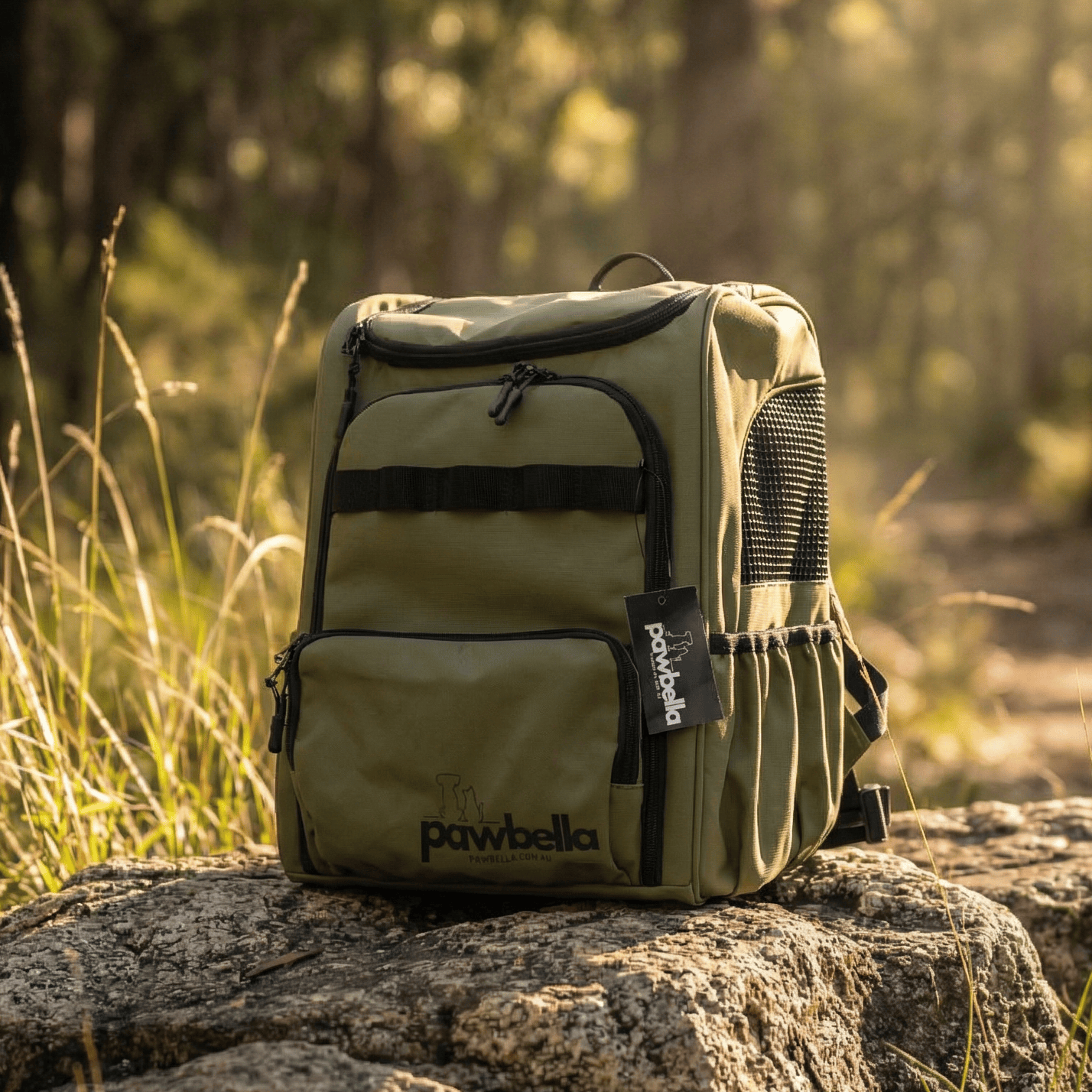 The Outback Explorer heavy duty pet backpack in olive green sitting on rock in nature