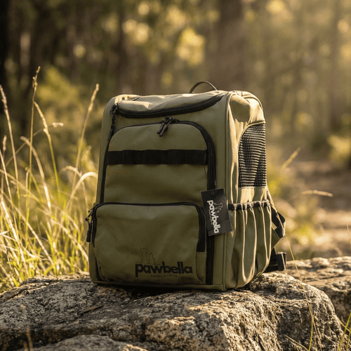 The Outback Explorer heavy duty pet backpack in olive green sitting on rock in nature