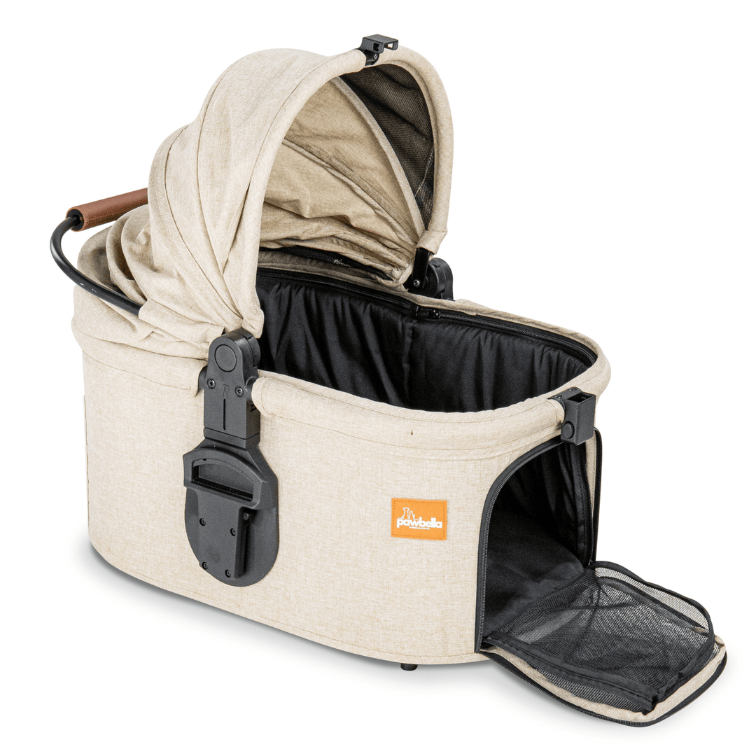 Beige Pawbella pet stroller's detachable carrier with an open canopy and mesh entry, offering a spacious and comfortable space for pets during travel.