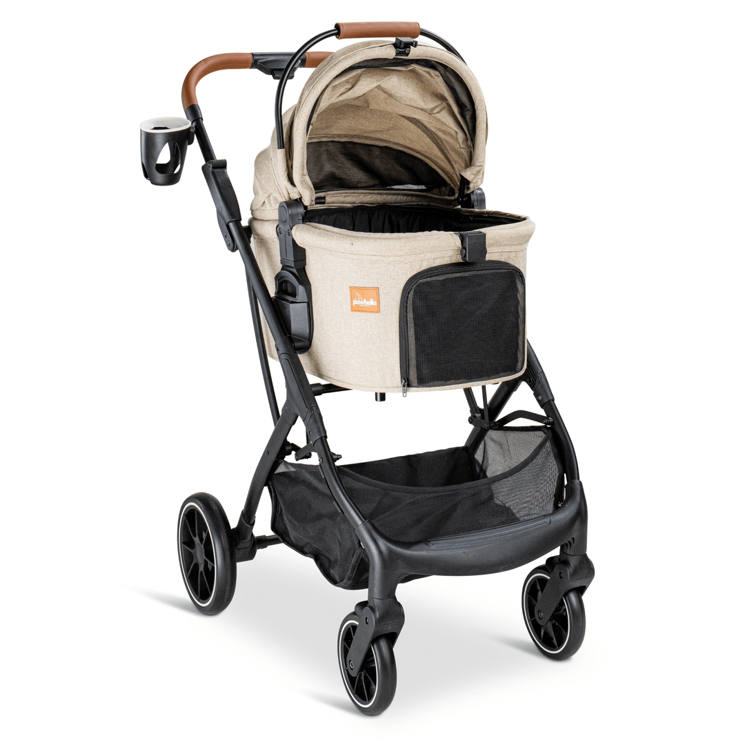 Beige Pawbella pet stroller with an open-top design, featuring a mesh panel, black frame, and spacious storage area, providing a comfortable travel solution for pets.