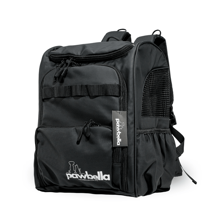 Black Pawbella pet backpack featuring multiple compartments, side mesh for ventilation, and the Pawbella logo, ideal for transporting pets comfortably and stylishly.