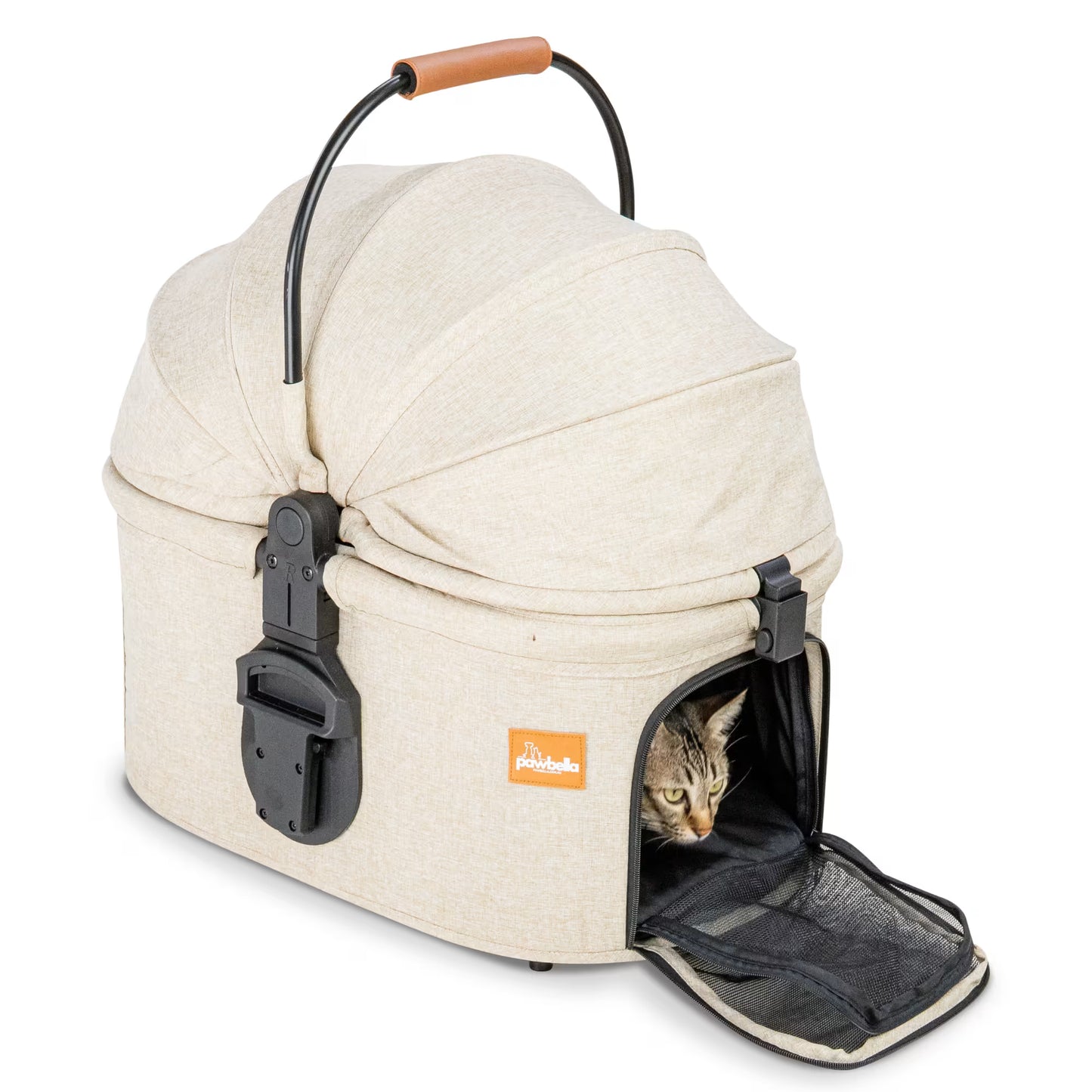 A cat looking out from the front opening of the beige Pawbella detachable carrier with the canopy fully closed.