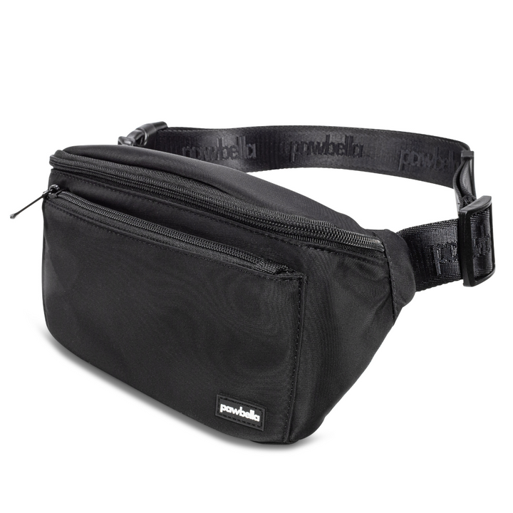 Pawbella dog walking bum bag in black, featuring multiple zippered compartments and an adjustable strap for hands-free convenience during walks.