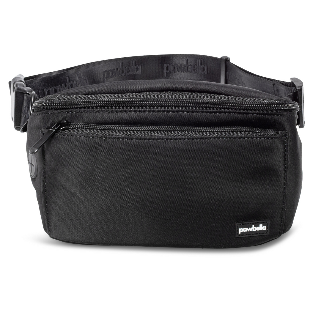 Front view of the Pawbella dog walking bum bag in black, featuring multiple zippered compartments and an adjustable strap for convenient pet accessory storage