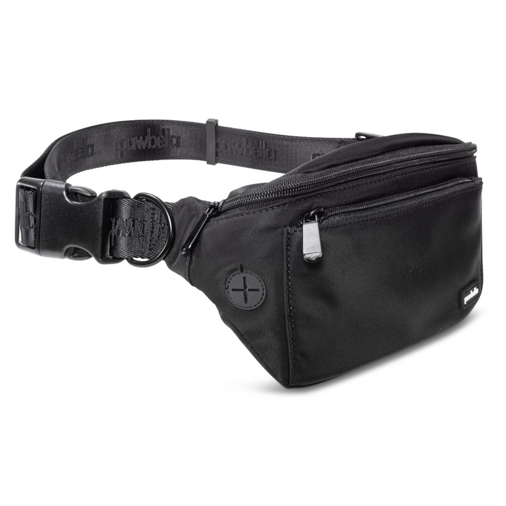 Side view of the Pawbella dog walking bum bag in black, featuring zippered compartments, adjustable strap, and a built-in waste bag dispenser for convenient walks.