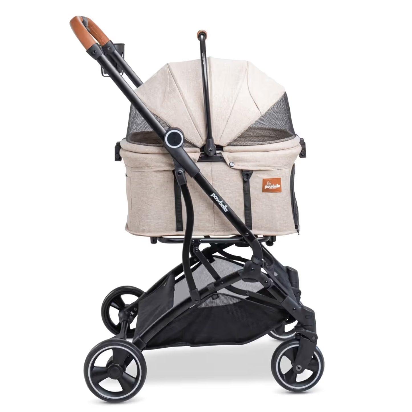 The Pawbella Essential Pet Stroller for small dogs & cats (up to 20kg) features a beige design, black frame, four wheels, brown handle, mesh canopy, and storage basket—ideal for outings across Australia.