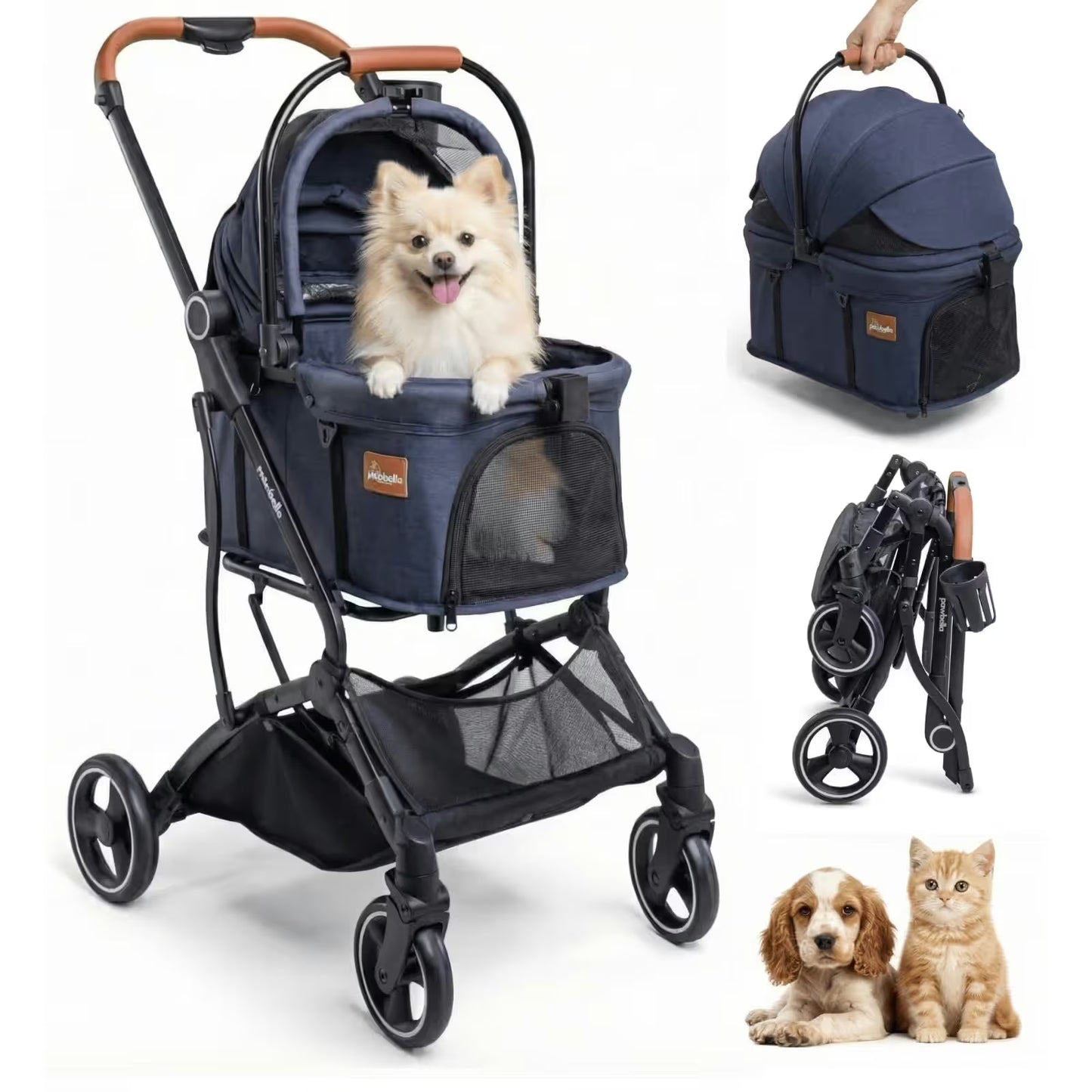 The Pawbella Essential Pet Stroller, designed for small dogs & cats up to 20kg, features a navy blue design perfect for Australian adventures. Insets show its detachable carrier as a pet backpack, the stroller folded, and a dog with a kitten inside.