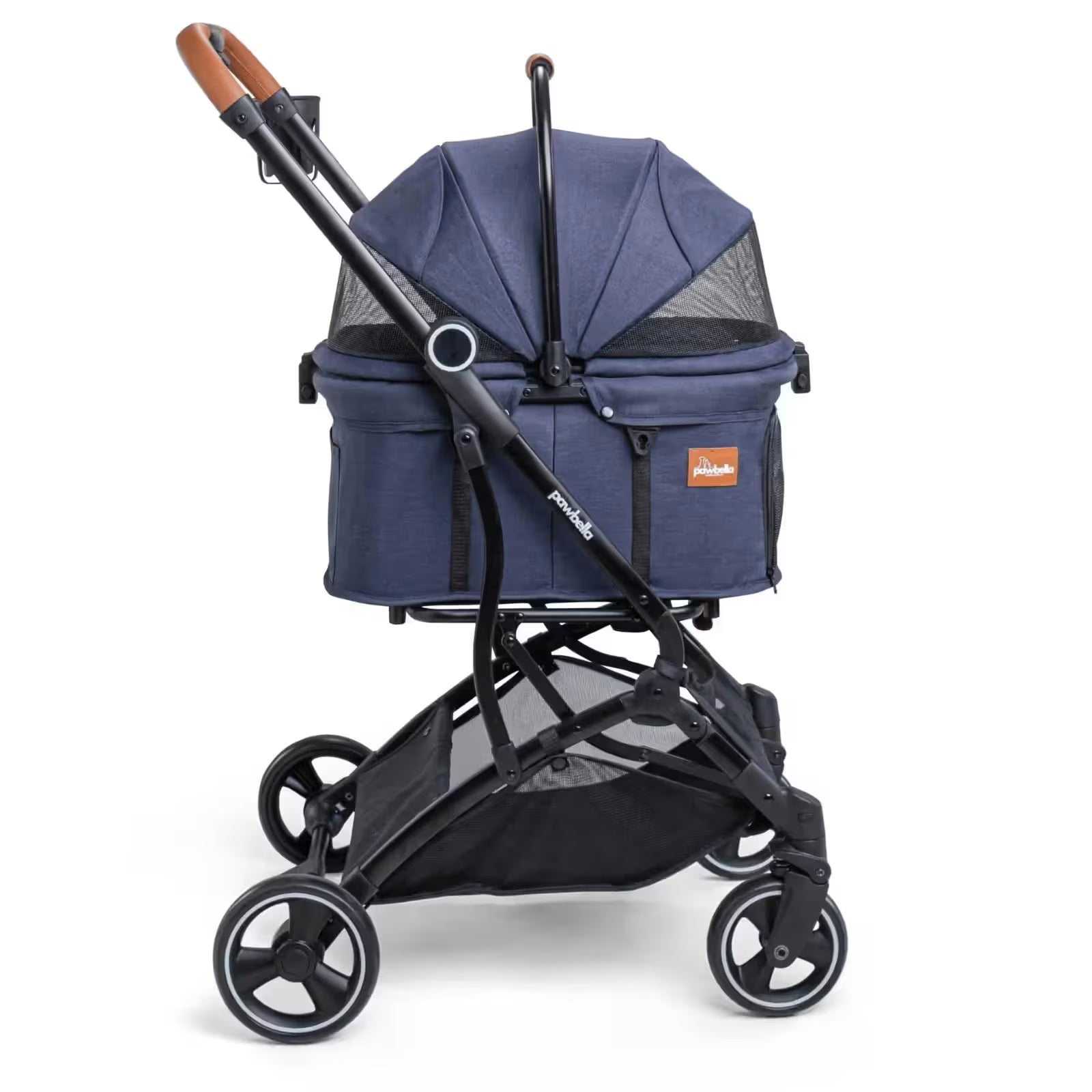 The Pawbella Essential Pet Stroller, designed for small dogs and cats up to 20kg, features a navy blue design with mesh canopy, brown handle accents, and black wheels—ideal for Aussie families and pet lovers. Brand: Pawbella.
