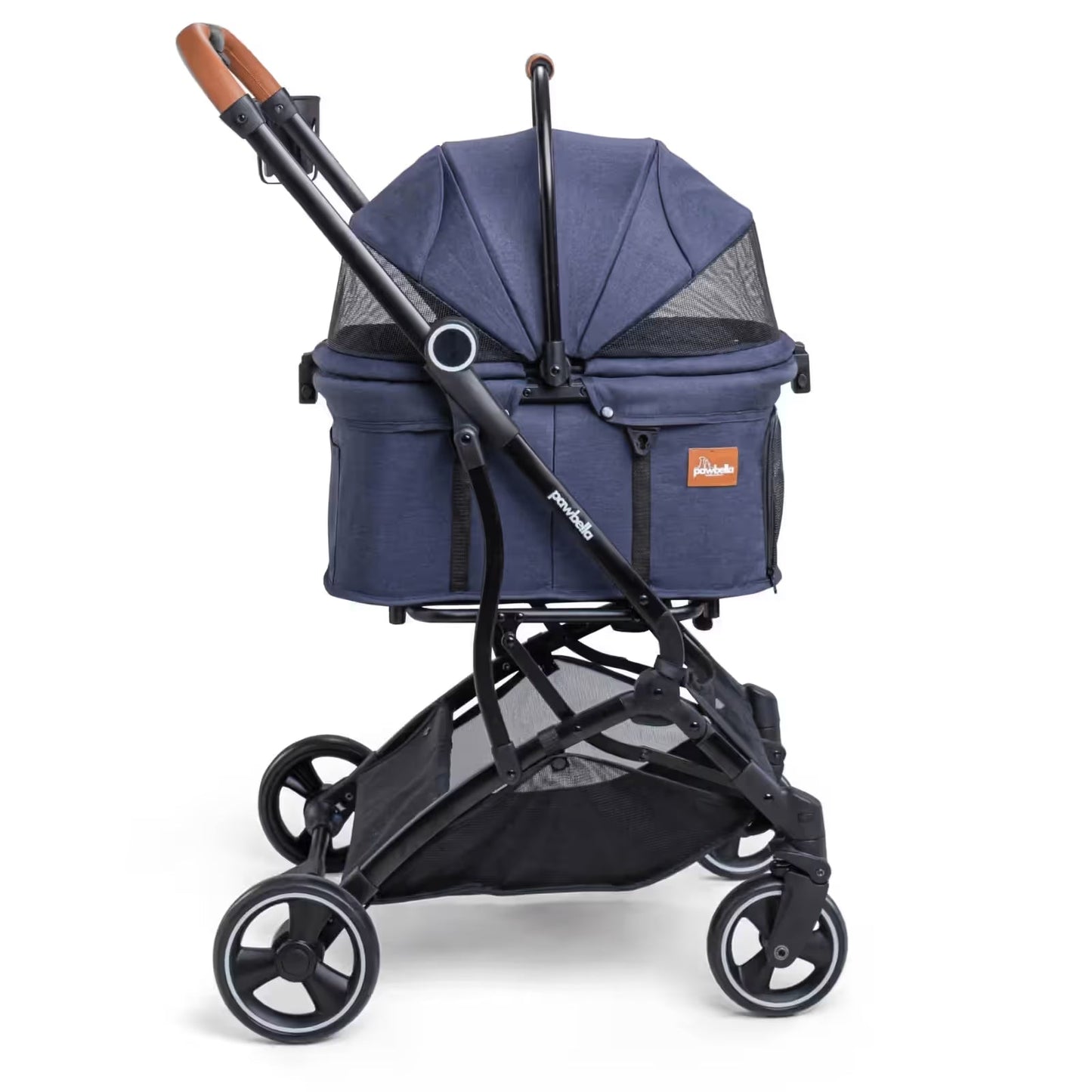 The Pawbella Essential Pet Stroller, designed for small dogs and cats up to 20kg, features a navy blue design with mesh canopy, brown handle accents, and black wheels—ideal for Aussie families and pet lovers. Brand: Pawbella.