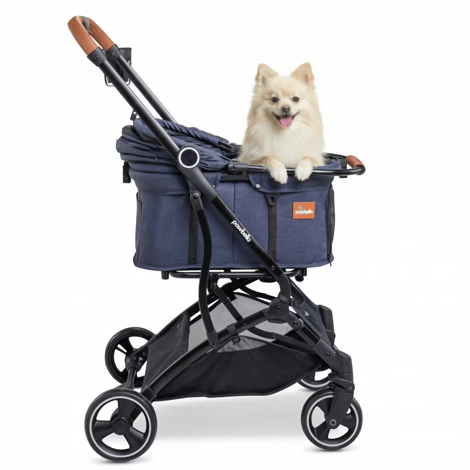 A small fluffy dog sits happily in the Pawbella Essential Pet Stroller—lightweight with black wheels and brown handles—ideal for outings with small dogs or cats up to 20kg in Australia.