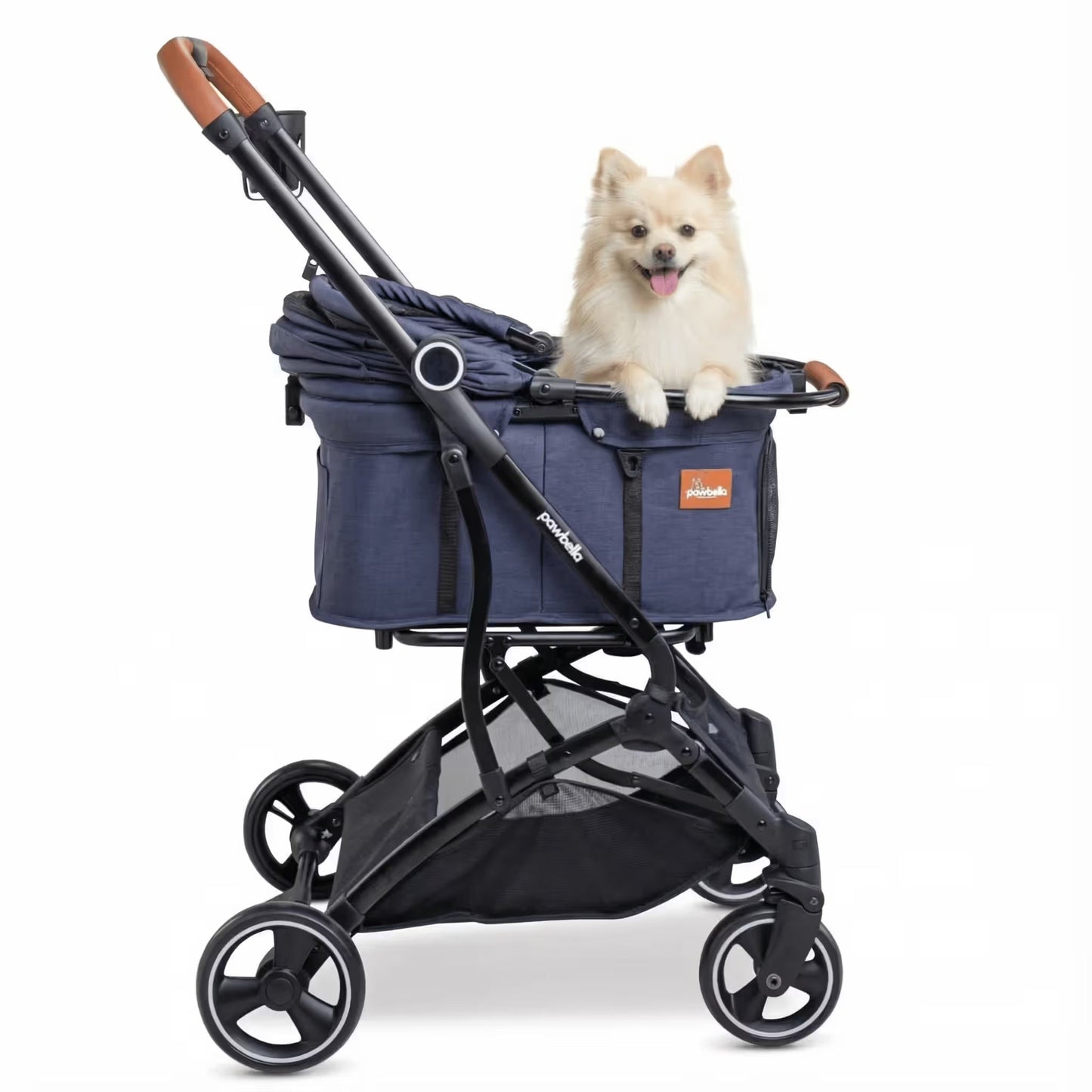 A small fluffy dog sits happily in the Pawbella Essential Pet Stroller—lightweight with black wheels and brown handles—ideal for outings with small dogs or cats up to 20kg in Australia.
