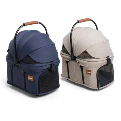 Two Pawbella Essential Pet Strollers for small pets (up to 20kg), one navy blue and one beige, feature mesh ventilation panels and brown-grip handles. Lightweight and ideal for travel in Australia, they are shown side by side on a white background.