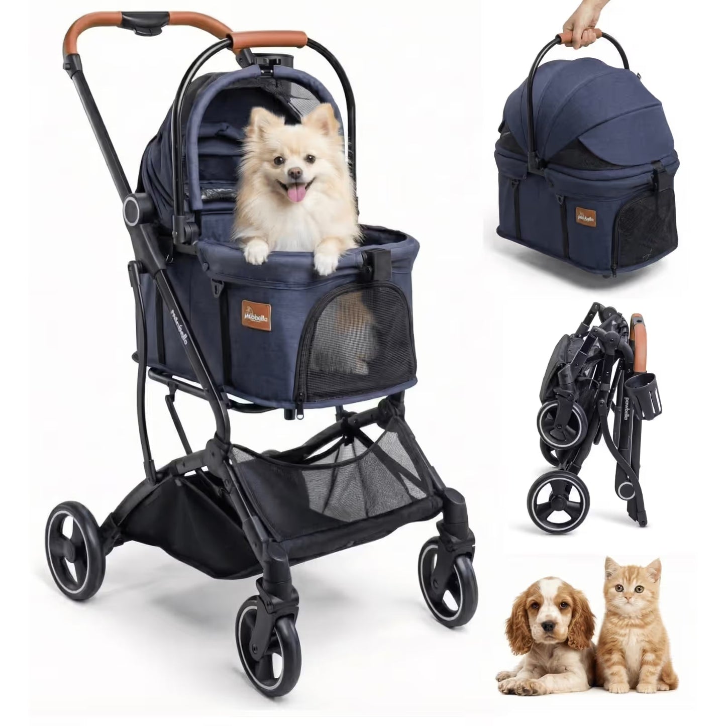 A dog and a cat sit in the corner while a small dog relaxes in the Pawbella Essential Pet Stroller, a lightweight navy blue stroller with mesh panels and detachable carrier—ideal for adventures in Australia. For pets up to 20kg.