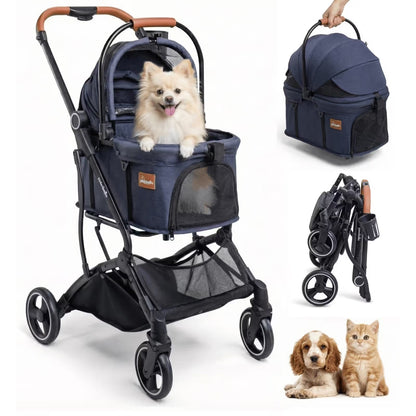 A dog and a cat sit in the corner while a small dog relaxes in the Pawbella Essential Pet Stroller, a lightweight navy blue stroller with mesh panels and detachable carrier—ideal for adventures in Australia. For pets up to 20kg.