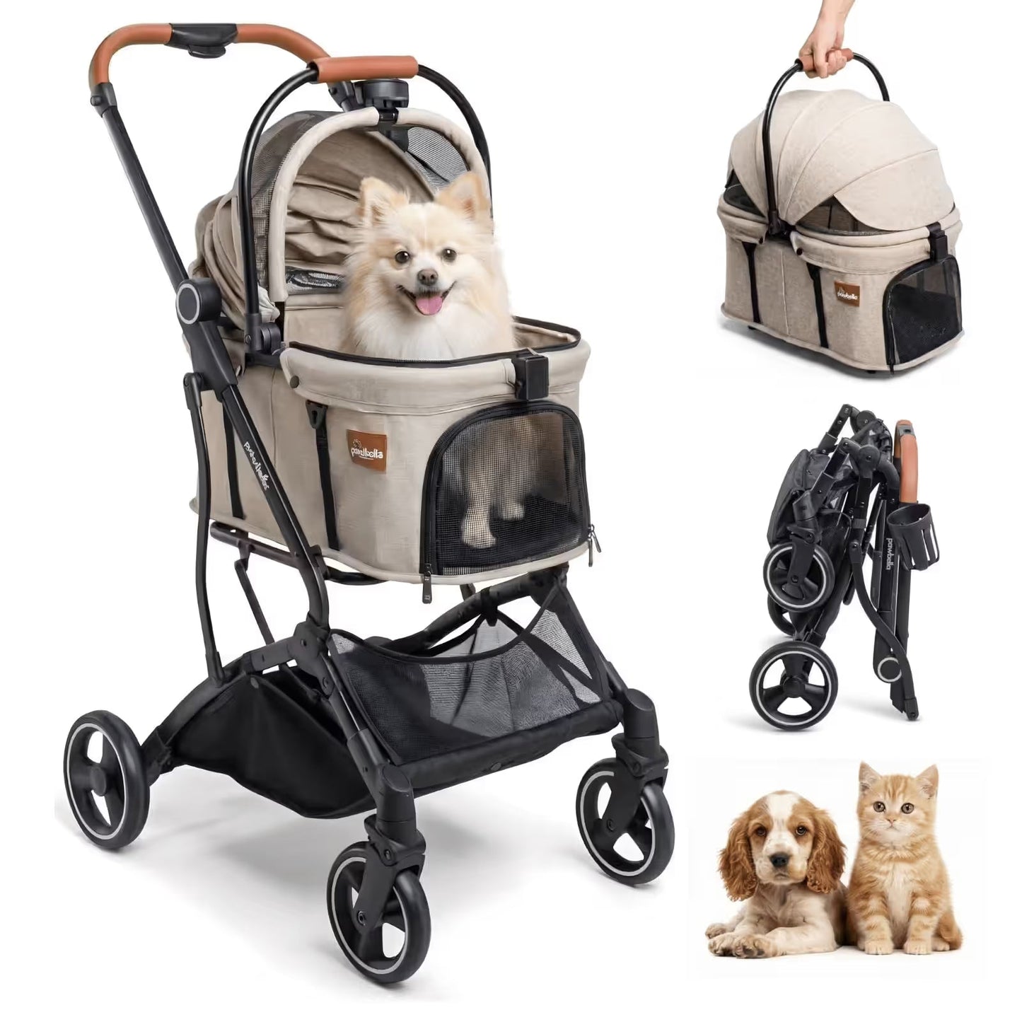 The Pawbella Essential Pet Stroller for small dogs & cats (up to 20kg) is shown in beige with a pet inside. Images display it as a stroller, detachable carrier, and folded, plus puppy and kitten photos at the bottom.