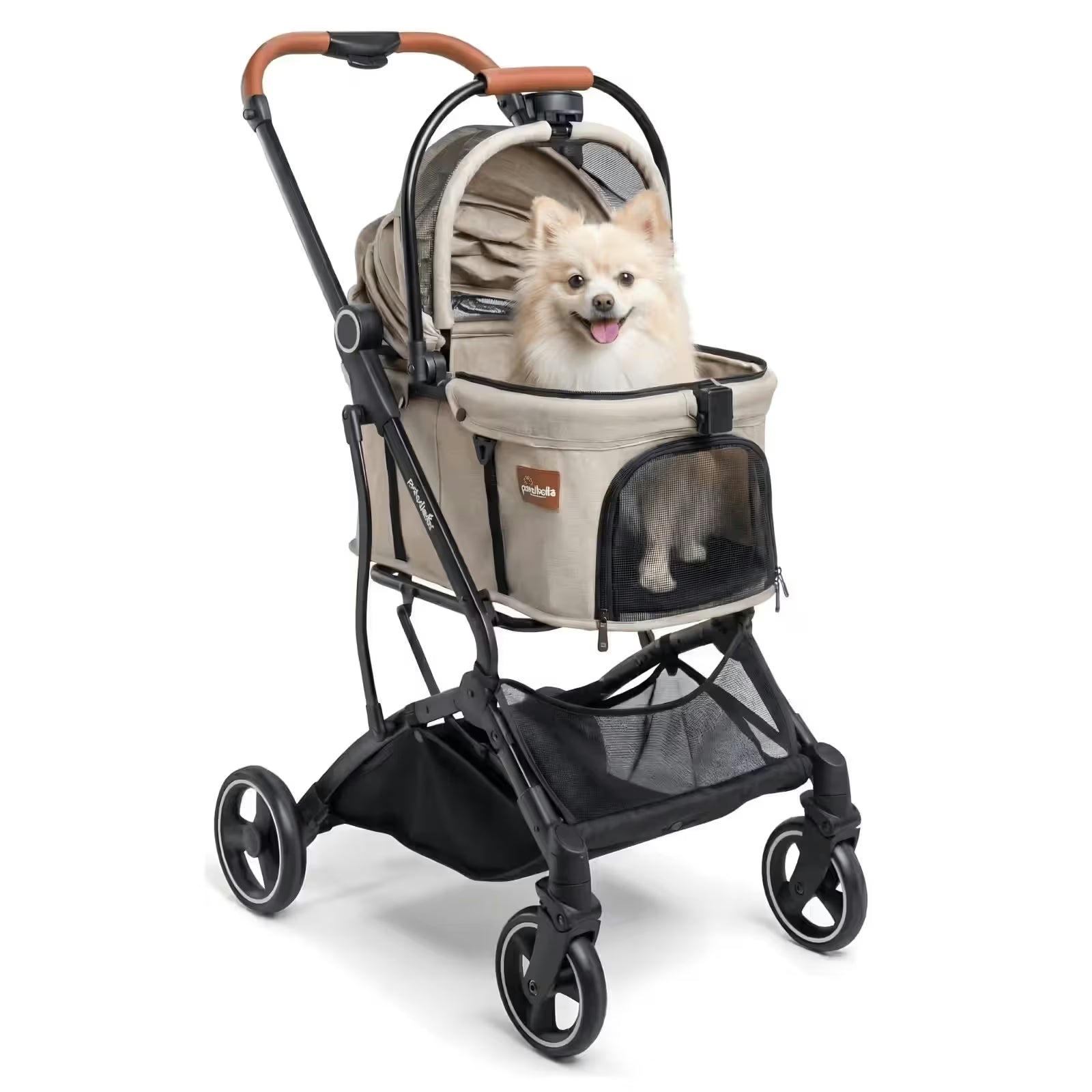 A small, fluffy dog sits inside the Pawbella Essential Pet Stroller by Pawbella—a lightweight beige stroller for small dogs & cats (up to 20kg), featuring four wheels, a mesh front, brown handle, storage underneath, on a white background.