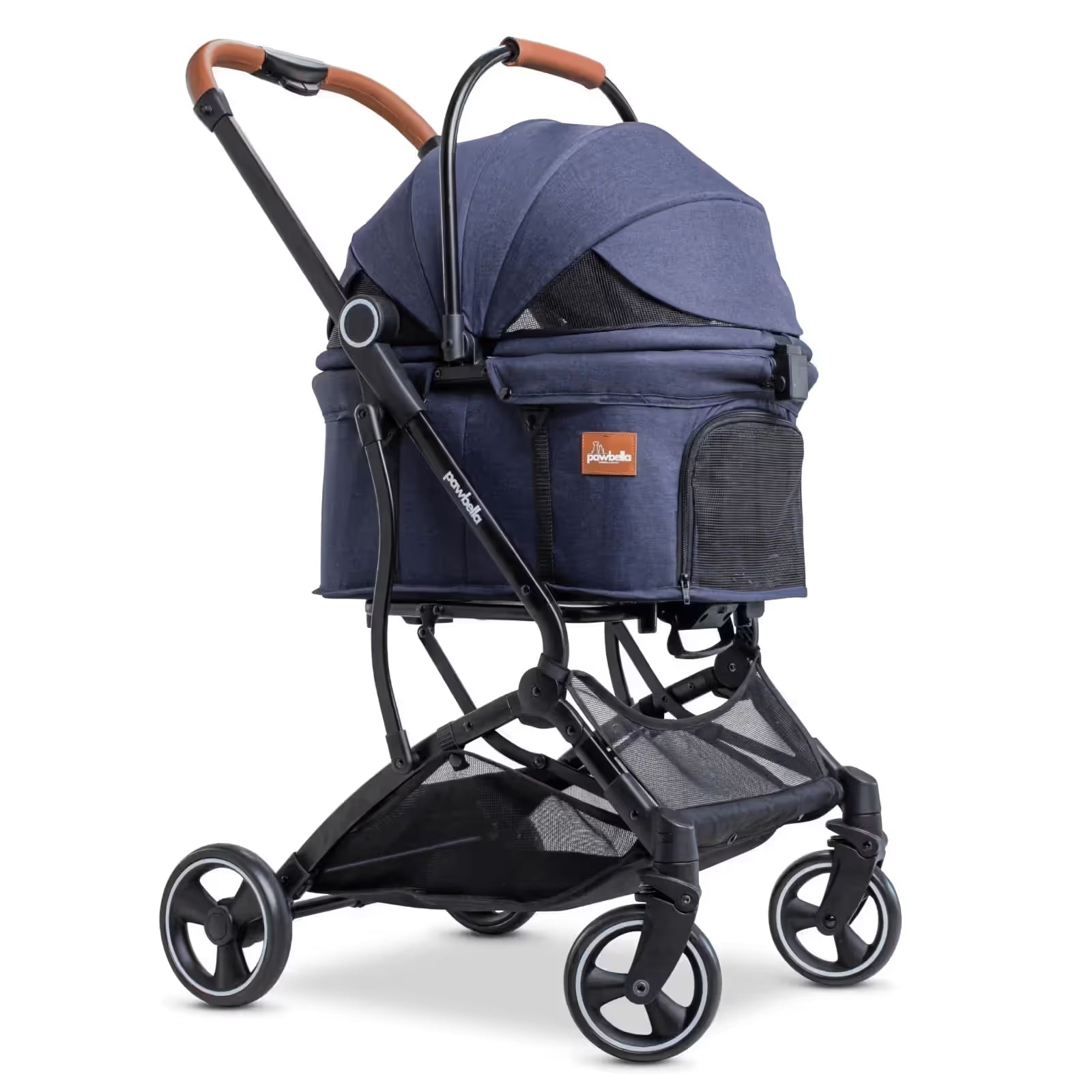 The Pawbella Essential Pet Stroller, popular in Australia, is a navy blue stroller for small dogs and cats (up to 20kg) featuring a brown handle, black frame, four wheels, mesh storage basket, covered bassinet, and side ventilation window.