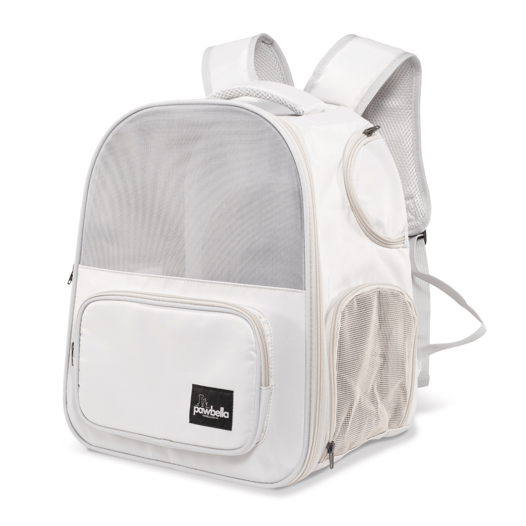 Front view of the white Pawbella expandable backpack pet carrier with mesh ventilation and storage pocket