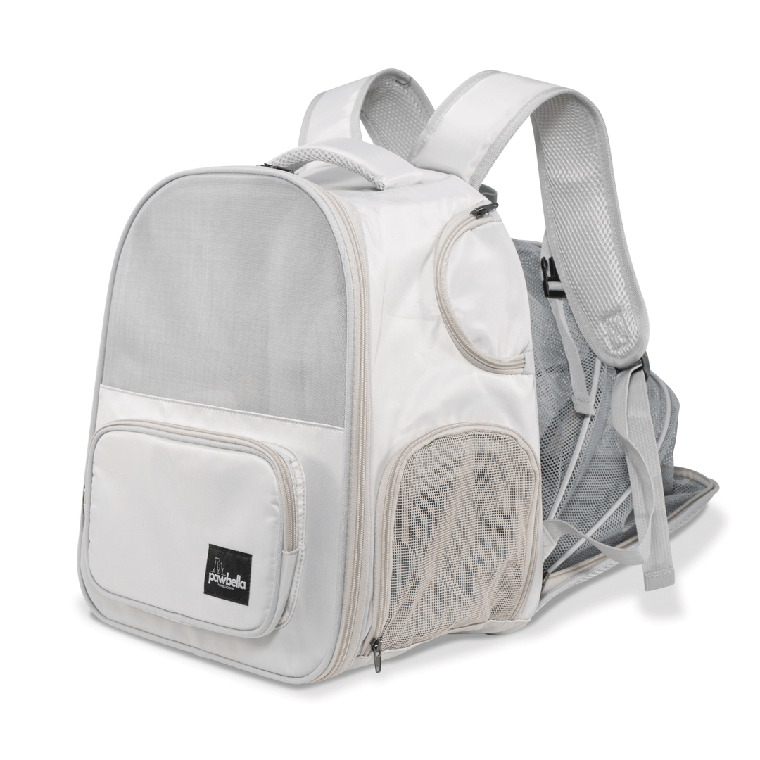 White Pawbella expandable backpack pet carrier with mesh panels for ventilation and front pocket.