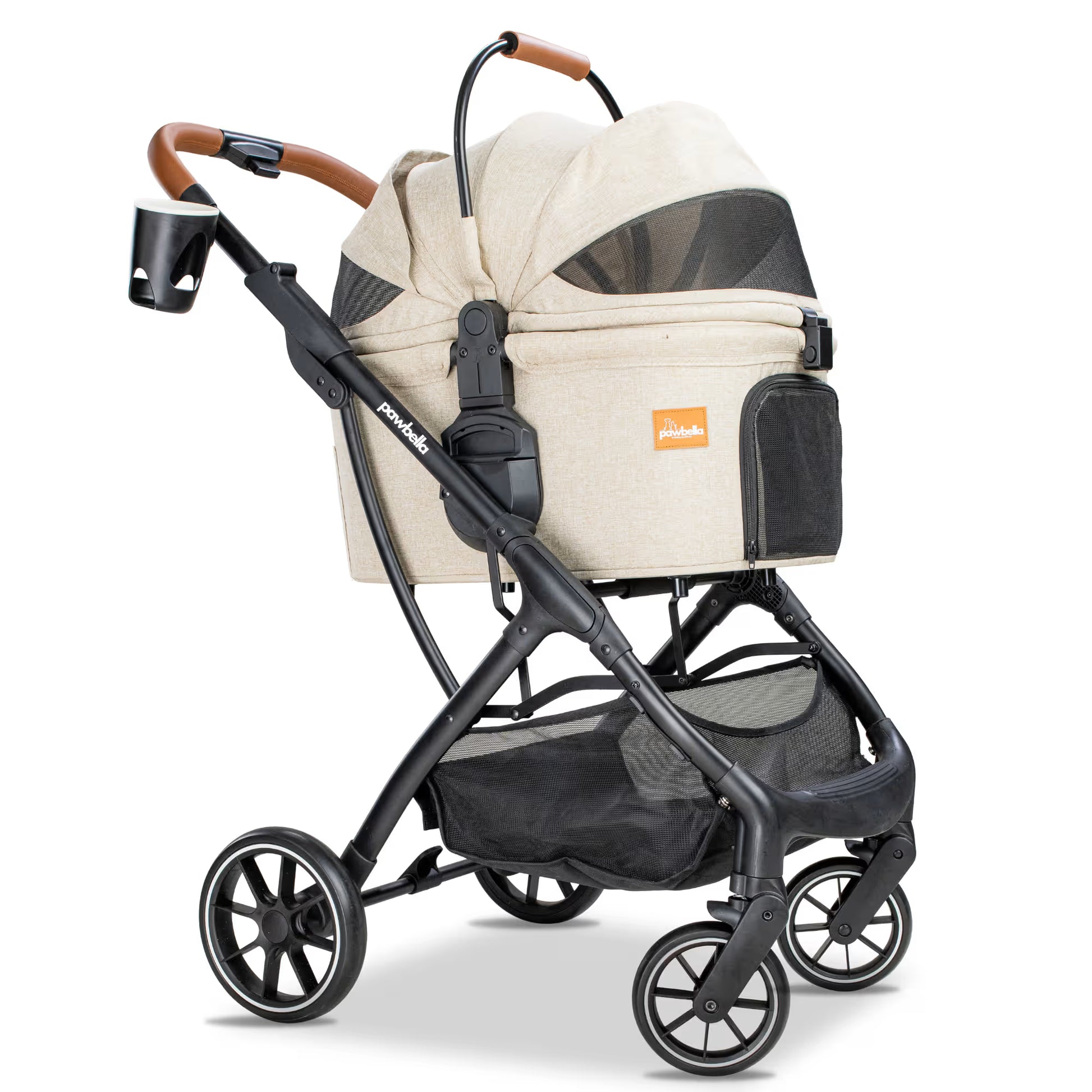 Angled full view of the Pawbella luxury pet stroller in beige, highlighting the mesh ventilation windows and large storage basket.