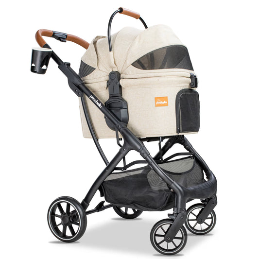 Angled full view of the Pawbella luxury pet stroller in beige, highlighting the mesh ventilation windows and large storage basket.